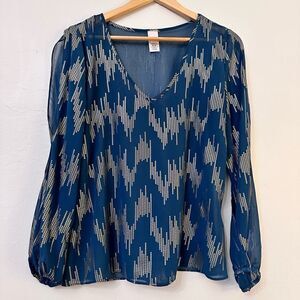 Minx Cold Arm V Neck Navy Blue & Shimmery Gold Large Blouse